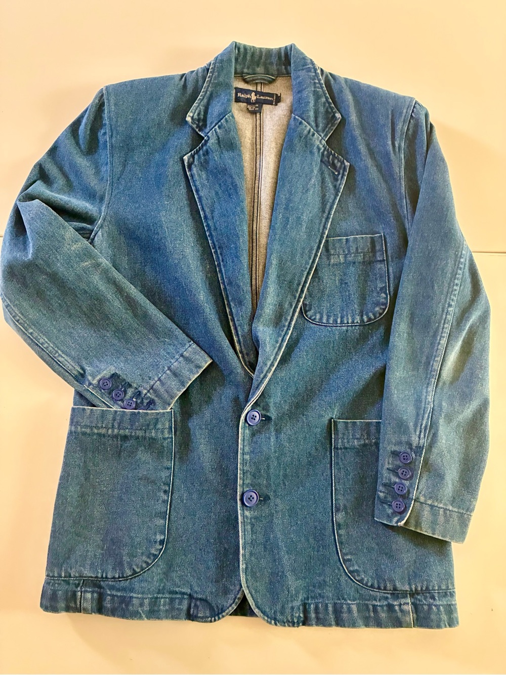 VTG LAUREN RALPH LAUREN M 💯 COTTON SINGLE BREASTED DENIM BLAZER AMERICAN CLASSIC